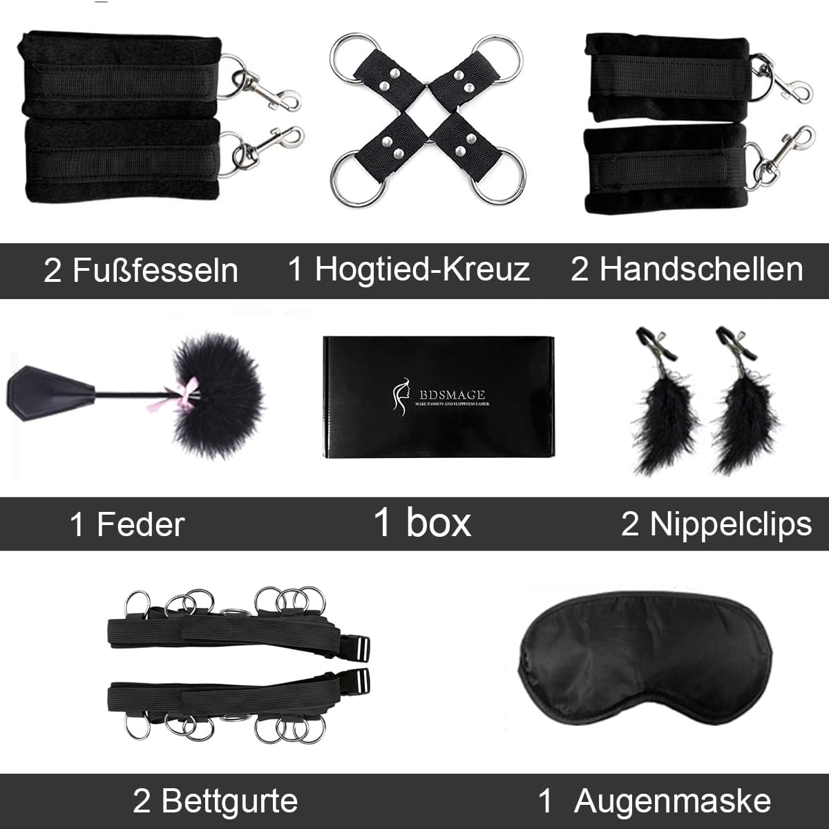 7-Piece BDSM Restraint Set – Includes Feather Whip, Eye Mask, Handcuffs, and Nipple Clips for Couples