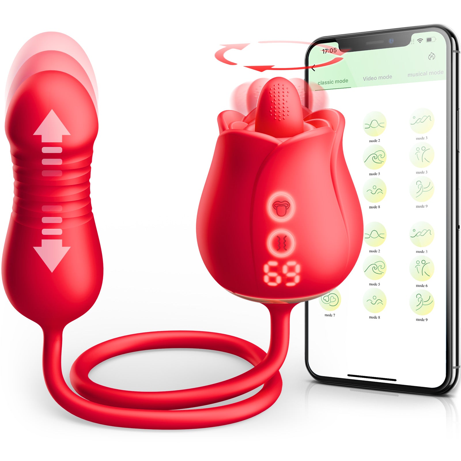 App-Controlled Rose Vibrator with Rotation & Thrusting